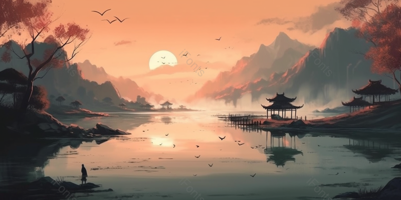 夕阳下湖面风景水墨画背景,插画/手绘图,插画/手绘图库,插画/手绘图下载,插画/手绘
